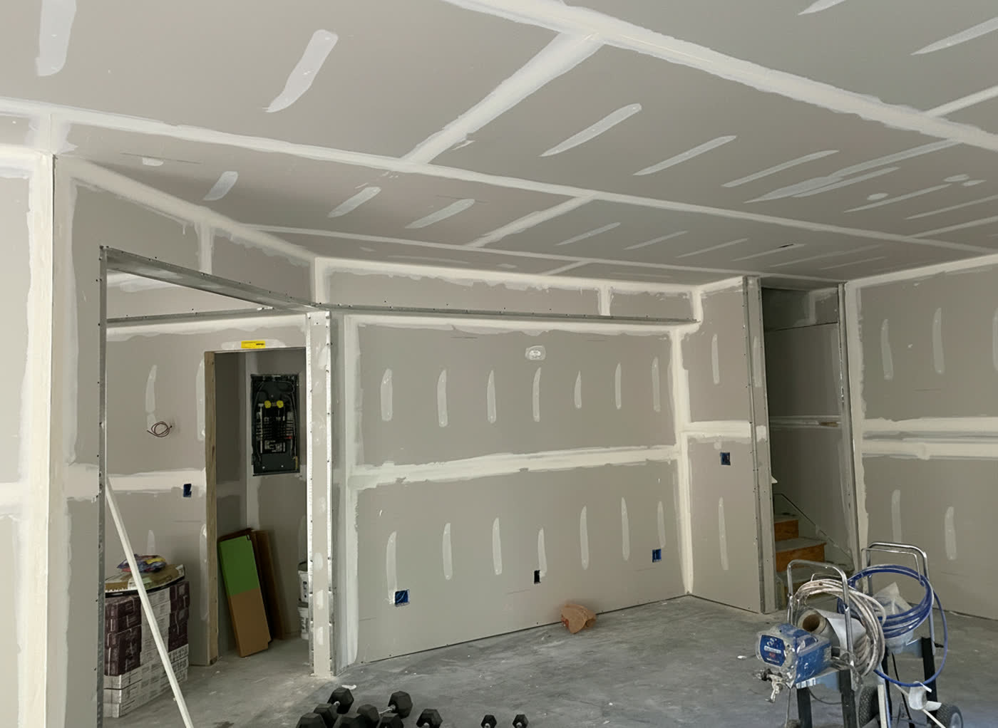 Basement drywall hung, taped and mudded