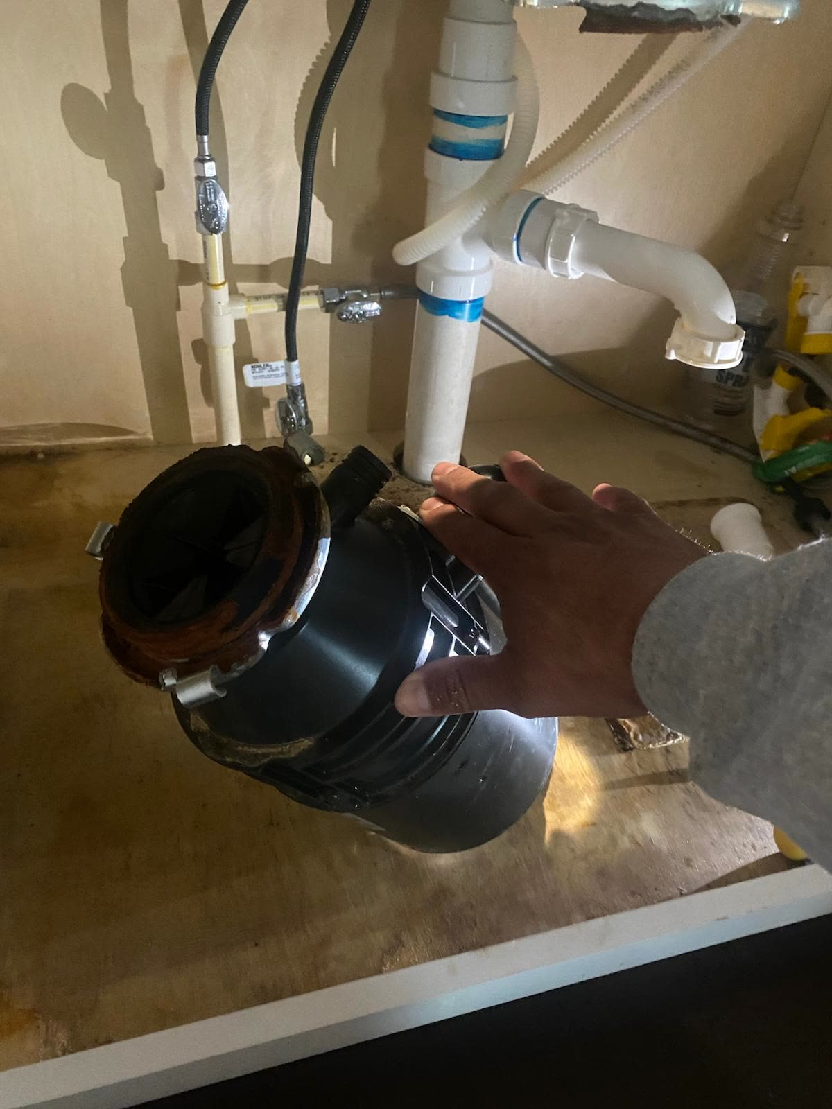 Old garbage disposal unit being removed from under a kitchen sink